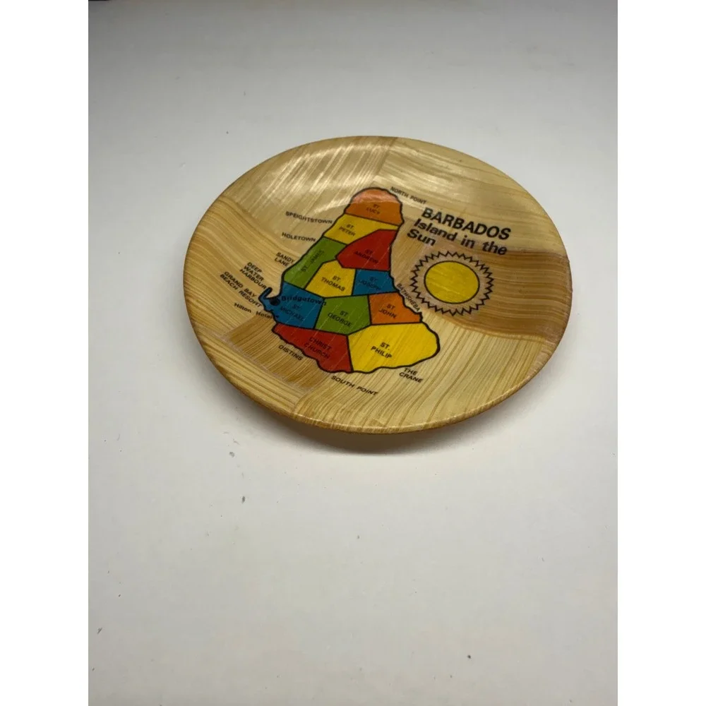 Vintage Barbados Island in the Sun Woven Bamboo Souvenir Map Plate 6 Inch